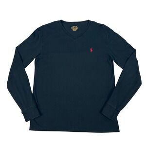 Polo Ralph Lauren‎ Mens Small Long Sleeve V-Neck Black Red Pony 100% Cotton